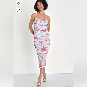 Alluring Charm Light Blue Floral Ruched Mesh Bustier Midi Dress